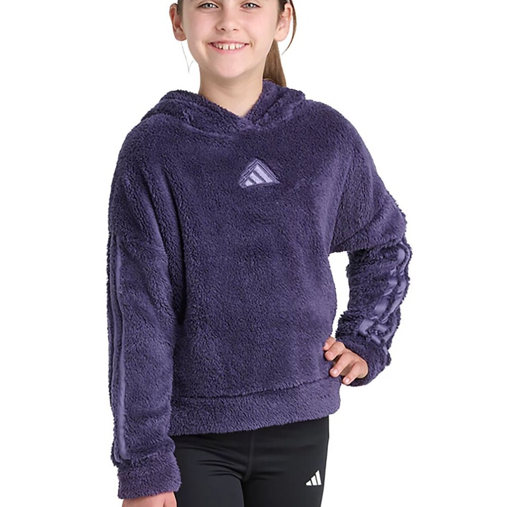 NWT New adidas Girls' 3-Stripes Sherpa Hooded Pullover Fleece Hoodie M 10/12